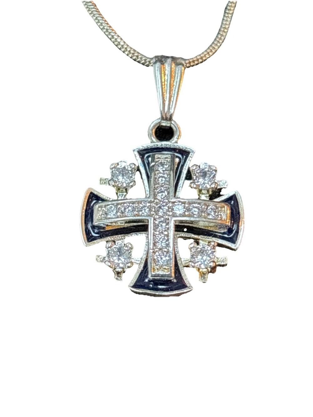 Sterlinng & Blue Enamel Jerusalem Cross Pendant Necklace 925 Sterling & CZ